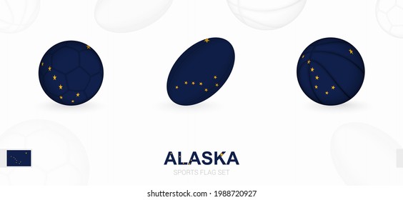 Sports icons for football, rugby and basketball with the flag of Alaska. Vector icon set on a sports background.