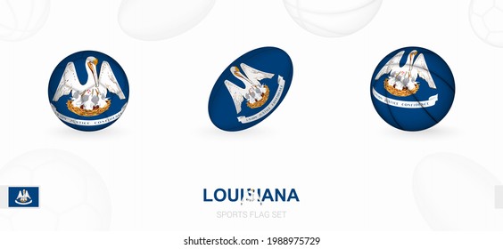 Sports icons for football, rugby and basketball with the flag of Louisiana. Vector icon set on a sports background.