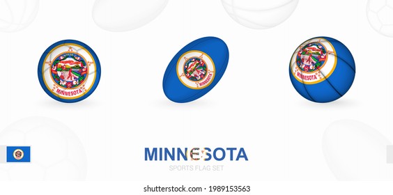 Sports icons for football, rugby and basketball with the flag of Minnesota. Vector icon set on a sports background.