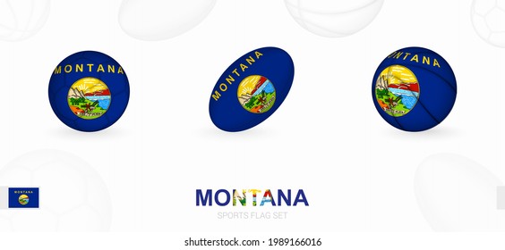 Sports icons for football, rugby and basketball with the flag of Montana. Vector icon set on a sports background.