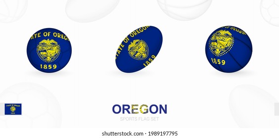 Sports icons for football, rugby and basketball with the flag of Oregon. Vector icon set on a sports background.
