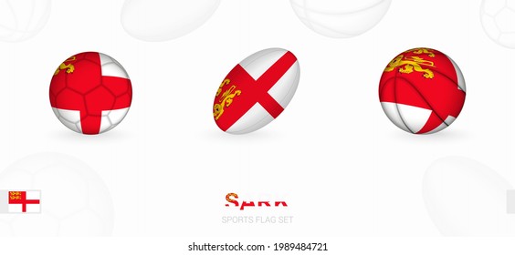 Sports icons for football, rugby and basketball with the flag of Sark. Vector icon set on a sports background.