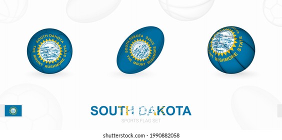 Sports icons for football, rugby and basketball with the flag of South Dakota. Vector icon set on a sports background.
