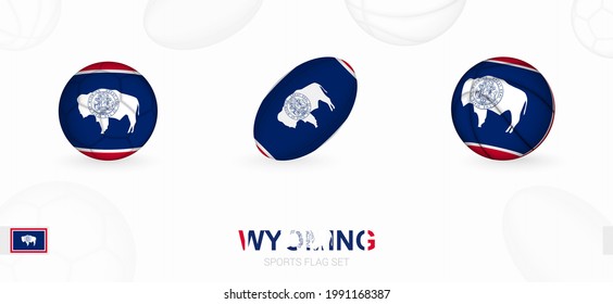 Sports icons for football, rugby and basketball with the flag of Wyoming. Vector icon set on a sports background.