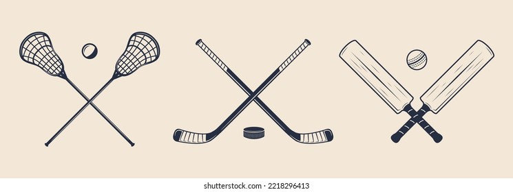 Sports icons isolated on light background. Lacrosse sticks, Ice hockey cues, Cricket bats. Vector illustration