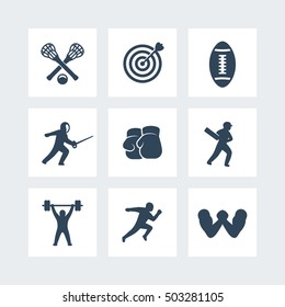 sports icons isolated on white, archery, boxing, lacrosse, cricket, sprint running, arm wrestling, fencing, football, vector illustration