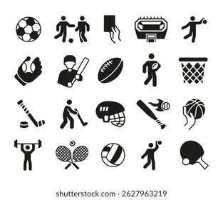 Sports icons. Large set of sports trendy minimal icons. Baseball Bat, Basketball Hoop, Soccer Ball, Tennis Racket icon. Design signs for web page, mobile app, packaging design. Vector illustration.