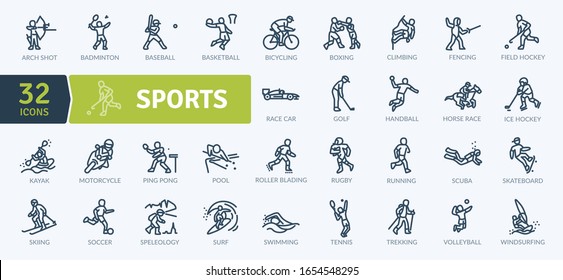 Paquete de iconos deportivos. Los iconos de línea delgada se configuran. Conjunto de colección Flaticon. Iconos vectoriales simples