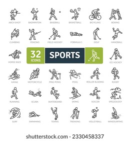 Paquete de iconos deportivos. Iconos de línea delgada configurados. Iconos vectoriales simples