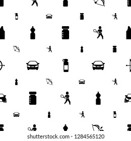 sports icons pattern seamless white background. Included editable filled bottle for fitness, bow, fitness bottle, car, tennis playing, sport t shirt number icons. sports icons for web and mobile.