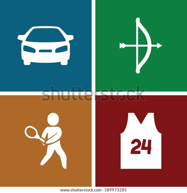 sports icons set. Set of\
4 sports filled icons such as car, tennis playing, sport t shirt\
number 24