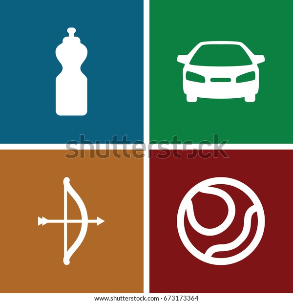 Sports icons set. set of 4 sports filled icons\
such as car, bow,\
volleyball