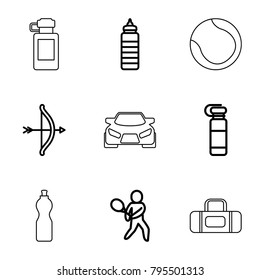 Sports icons. set of 9 editable outline sports icons such as bow, bottle for fitness, fitness bottle, tennis playing, car, volleyball