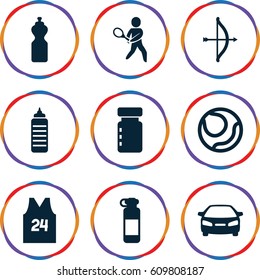 Sports icons set. set of 9 sports filled icons such as car, tennis playing, sport t shirt number 24, bow, bottle for fitness, volleyball