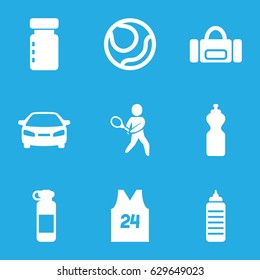 Sports icons set. set of 9 sports filled icons such as car, tennis playing, sport t shirt number 24, bottle for fitness, volleyball, fitness bottle