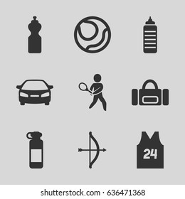 Sports icons set. set of 9 sports filled icons such as car, tennis playing, sport t shirt number 24, bow, bottle for fitness, volleyball, fitness bottle