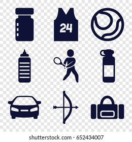 Sports icons set. set of 9 sports filled icons such as car, tennis playing, sport t shirt number 24, bow, bottle for fitness, volleyball, fitness bottle