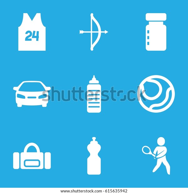 Sports icons set. set of 9\
sports filled icons such as car, tennis playing, sport t shirt\
number 24, bow, bottle for fitness, volleyball, fitness\
bottle
