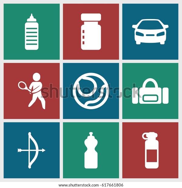 Sports icons set. set of 9 sports filled icons\
such as car, tennis playing, bow, bottle for fitness, volleyball,\
fitness bottle