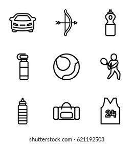 Sports icons set. set of 9 sports outline icons such as car, tennis playing, sport t shirt number 24, bottle for fitness, volleyball, fitness bottle, sport bag