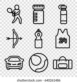 Sports icons set. set of 9 sports outline icons such as car, tennis playing, sport t shirt number 24, bottle for fitness, volleyball, fitness bottle, sport bag
