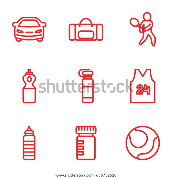 Sports icons set. set of 9 sports outline\
icons such as car, tennis playing, sport t shirt number 24, bottle\
for fitness, volleyball, fitness\
bottle