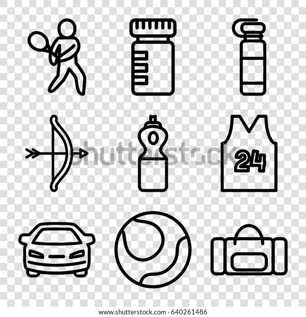 Sports icons set. set of 9\
sports outline icons such as car, tennis playing, sport t shirt\
number 24, bottle for fitness, volleyball, fitness bottle, sport\
bag