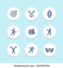 sports icons set, archery, lacrosse, cricket, football, fencing, boxing, weightlifting, running, arm wrestling vector pictograms