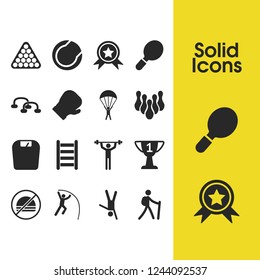 Sports icons set with award, weightlifter and tourist elements. Set of sports icons and scale concept. Editable vector elements for logo app UI design.