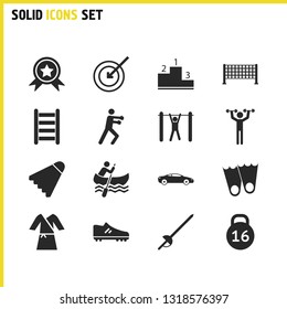 Sports icons set with badminton ball, target and flippers elements. Set of sports icons and premium concept. Editable vector elements for logo app UI design.