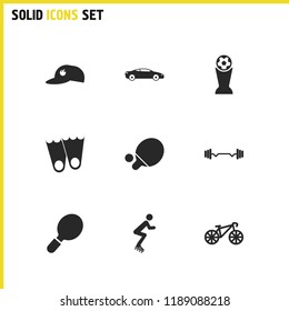 Sports icons set with baseball cap, ping pong and tennis rocket elements. Set of sports icons and bicycle concept. Editable vector elements for logo app UI design.