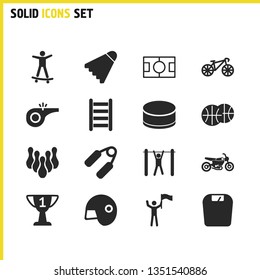 Sports icons set with basketball balls, bike and tourniquet elements. Set of sports icons and sport concept. Editable vector elements for logo app UI design.