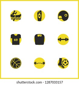 Sports icons set with basketball, shaker and boat elements. Set of sports icons and weightlifting concept. Editable vector elements for logo app UI design.