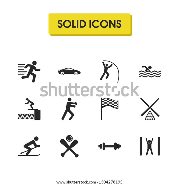 Sports icons set with boxer, tourniquet
and swimmer elements. Set of sports icons and barbell concept.
Editable vector elements for logo app UI
design.