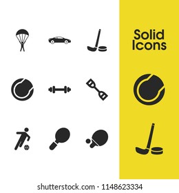 Sports icons set with sports car, ping pong and footballer elements. Set of sports icons and design concept. Editable vector elements for logo app UI design.
