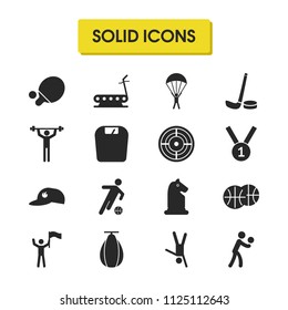 Sports icons set with chess horse, treadmill and footballer elements. Set of sports icons and boxing concept. Editable vector elements for logo app UI design.