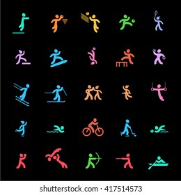 Sports icons set. Colored on black.