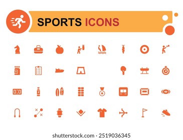 Ícones de esportes definidos. Contendo futebol americano, basquete, troféu, competição, medalha, conjunto de ícones preenchidos, conjunto de ícones sólidos. Ícones de glifo para Web e interface do usuário. Ilustração vetorial editável.