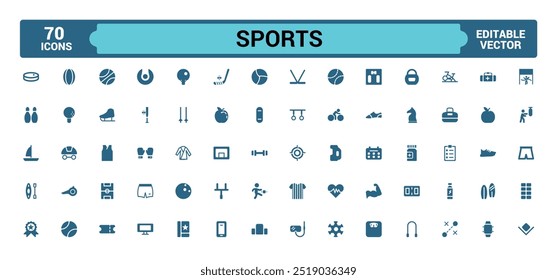 Ícones de esportes definidos. Contendo futebol americano, basquete, troféu, competição, medalha, conjunto de ícones preenchidos, conjunto de ícones sólidos. Ícones de glifo para Web e interface do usuário. Ilustração vetorial editável.