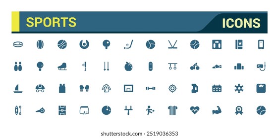 Ícones de esportes definidos. Contendo futebol americano, basquete, troféu, competição, medalha, conjunto de ícones preenchidos, conjunto de ícones sólidos. Ícones de glifo para Web e interface do usuário. Ilustração vetorial editável.