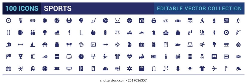 Ícones de esportes definidos. Contendo futebol americano, basquete, troféu, competição, medalha, conjunto de ícones preenchidos, conjunto de ícones sólidos. Ícones de glifo para Web e interface do usuário. Ilustração vetorial editável.