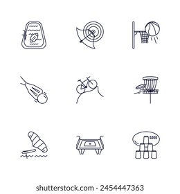 Sports Icons set. Contains such icons as swimming pool with rugby ball, archery with target, basketball, broomball ball and stick, bike, frisbee golf, wing foiling, trampoline, sport stacking cups