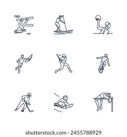 Sports Icons set. Contains such icons as skysurfing, ‎SUP surfing, swimmer and ball, running archery, baseball player, man on a unicycle and on roller skates, lying down riding, ehigh jumper