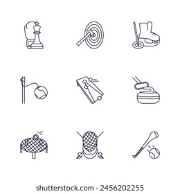 Sports icons set. Contains such icons as сhess piece and boxing glove, axe throwing target, ringette stick and skate, tetherball, cornhole board, curling, roundnet, sabre and fencing helmet, hurling