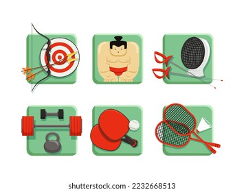 Sports icons set. Darts, sumo, dancing, powerlifting, table tennis, badminton vector illustration
