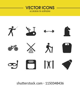 Sports icons set with diving mask, epee and weighing machine elements. Set of sports icons and shuttlecock concept. Editable vector elements for logo app UI design.