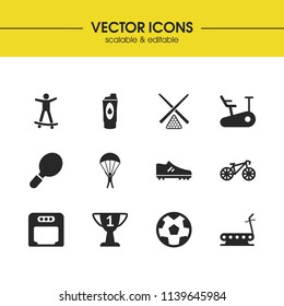 Sports icons set with football boot, shaker and soccer ball elements. Set of sports icons and drink bottle concept. Editable vector elements for logo app UI design.