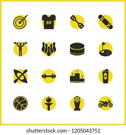 Sports icons set with football cup, skittles and dumbbell elements. Set of sports icons and canoe concept. Editable vector elements for logo app UI design.