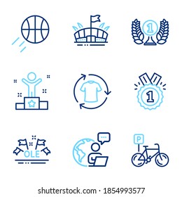 Sports icons set. Included icon as Laureate award, Change clothes, Arena signs. Approved, Bicycle parking, Basketball symbols. Winner, Ole chant line icons. Prize, Shirt. Line icons set. Vector