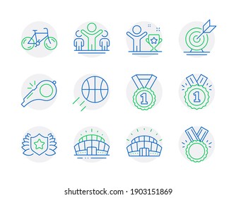 Sports icons set. Included icon as Sports stadium, Arena stadium, Target goal signs. Winner cup, Whistle, Bicycle symbols. Approved, Best rank, Basketball. Winner, Laureate, Honor. Vector